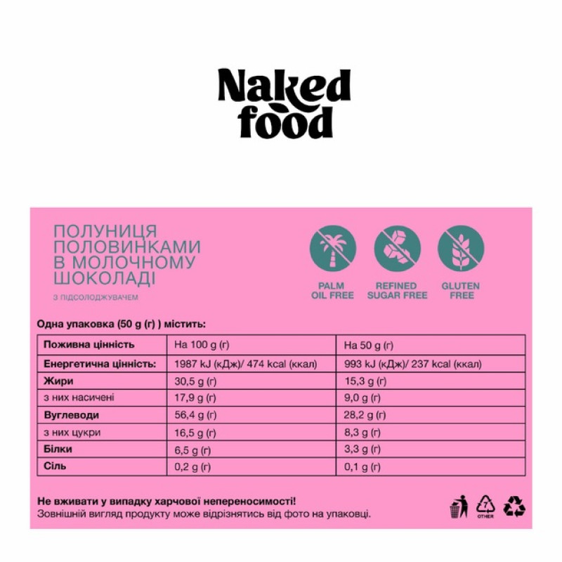 Сублімована полуниця в молочному шоколаді без цукру NakedFood, 50г