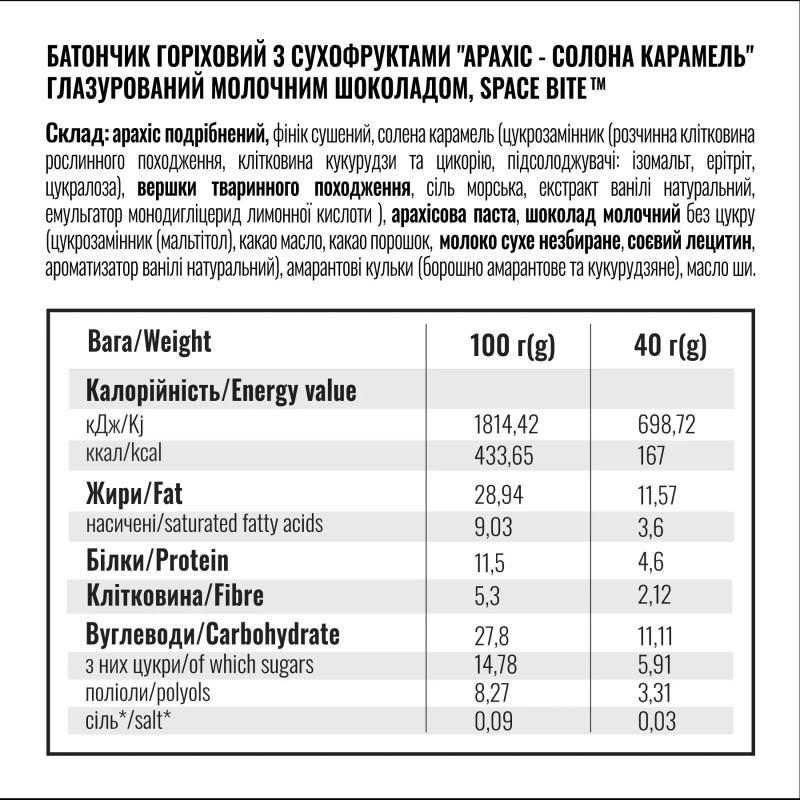 Батончик енергетичний Space Bite арахіс-солона карамель 40г