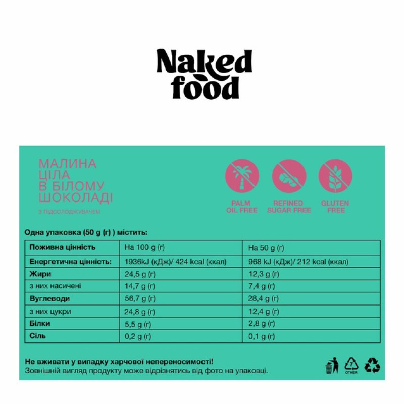 Сублімована малина в білому шоколаді без цукру NakedFood, 50г