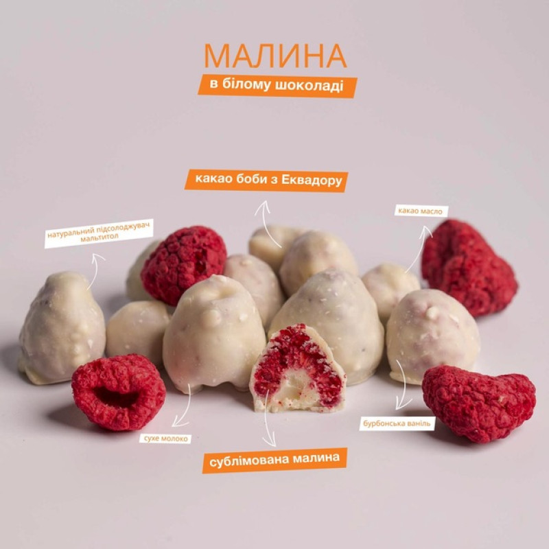 Сублімована малина в білому шоколаді без цукру NakedFood, 50г